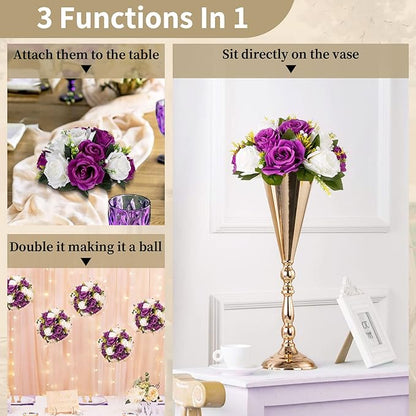 NUPTIO Flower Centerpieces for Wedding Tables: 6 Pcs Purple & White Artificial Flower Ball Arrangement for Christmas Thanksgiving Party - Fake Floral Rose for Bridal Shower Decor