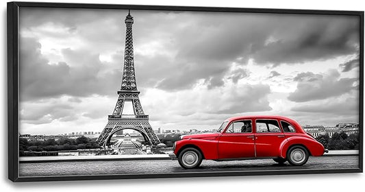 Eiffel Tower Large Wall Art Black and White Framed Red Wall Decor for Living Room Paris City Pictures Oversized Canvas Print Painting Modern Extra Large Framed Artwork for Bedroom Office 60"x30"