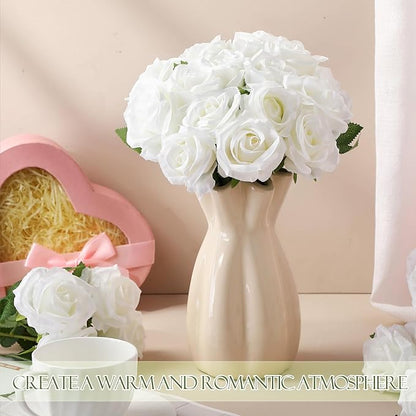 Hotop 20 Pcs Artificial Rose Flowers with Long Stem,Real Touch Silk Realistic Plastic Bouquet Roses Bulk for Home Decor Bridal Wedding Party Table Centerpieces Decorations(Pure White)