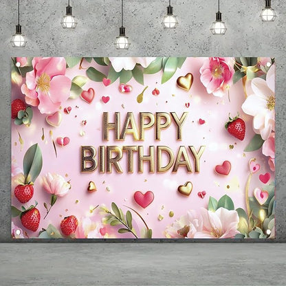 Pink Happy Birthday Backdrop Banner Gold Floral Heart Strawberry Design Photography Background Girls Birthday Party Decorations Photo Booth Supplies 71x43 Inch