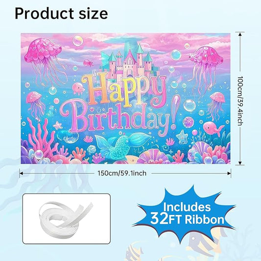 3x5ft Under The Sea Birthday Backdrop, Happy Birthday Decoration Background, Cute Cartoon Mermaid Theme Party Supplies Outdoor Indoor Photo Banner