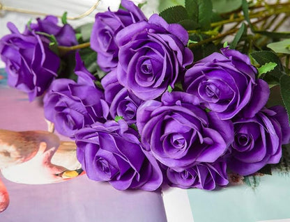 DuHouse 10pcs Fake Roses Artificial Silk Flowers Faux Rose Flower Long Stems Bouquet for Arrangement Wedding Centerpiece Party Home Kitchen Decor(Purple)