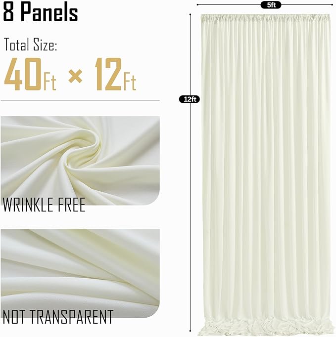 gogoparti 40ft x 12ft Ivory Wrinkle-Free Backdrop Curtain for Wedding Parties, Thick Polyester 8 Panels 5x12ft for Wedding Birthday Baby Shower Halloween Photography Party Background