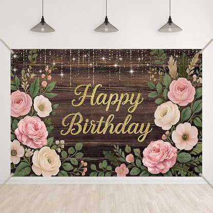 Wooden Floral Birthday Backdrop Pink and Gold Rustic Wood Birthday Party Background Girls Women Cake Table Favors Flowers Bday Cake Smash Photo Booth Banner with Copper Grommet