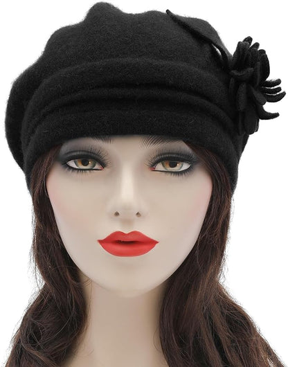 ZLYC Women Wool Cloche Bucket Hat 1920s Vintage Dress Winter Hats with Flower Accent