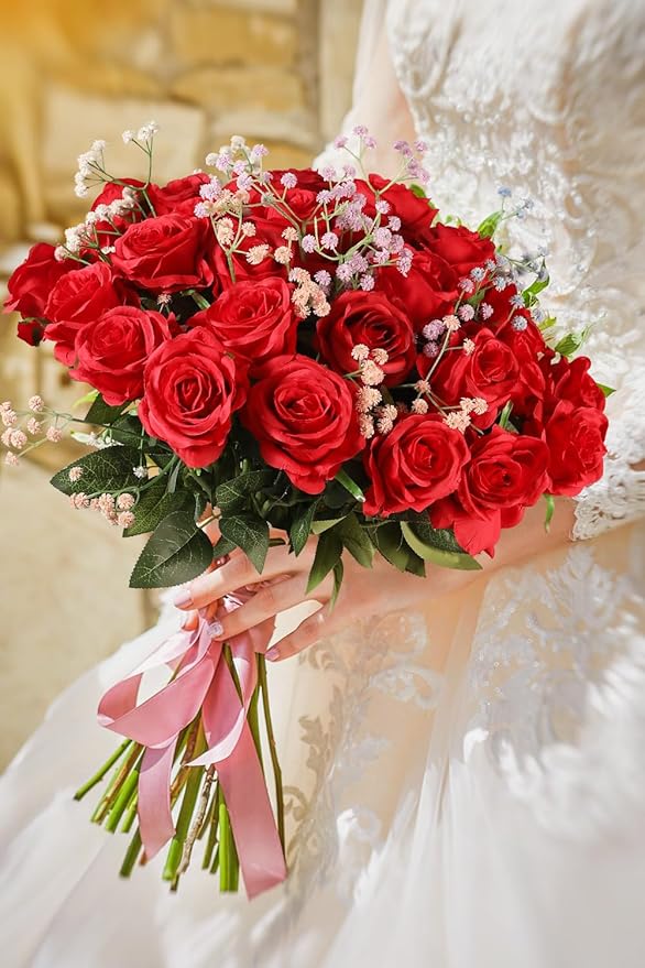 Luyue 10PCS Artificial Roses Flower with Stems Slik Fake Flowers Bouquet Realistic Long Stem Faux Rose for Valentines Day Wedding Home Decor