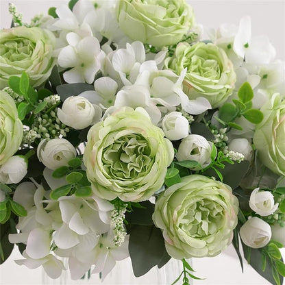 4 Bunches Green Peony Artificial Flowers for Decoration Faux Rose Fake Bouquet Silk Arrangements Table Centerpiece for Vase Cake Topper Bridal Baby Shower