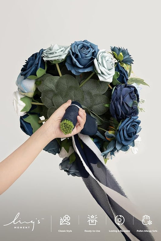 Ling's moment Navy Blue Bridal Bouquet for Bride, Blue Wedding Bouquets for Bride, 13 Inch Silk Round Artificial Wedding Flowers Bouquets