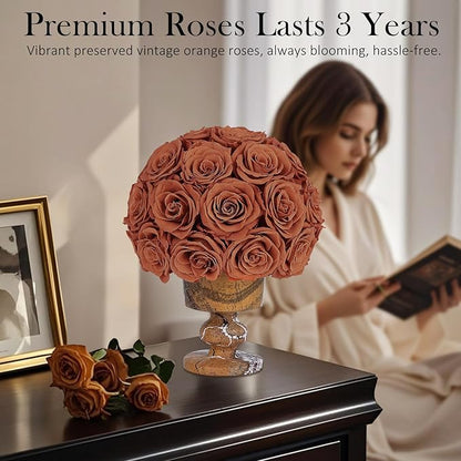 Forever Flowers Preserved Roses in Marble Vase, Fall Flower for Delivery, Eternal Roses Autumn Gift for Women, Table Centerpiece Flowers for Home Decor Party Living Room Bedroom Vintage Orange