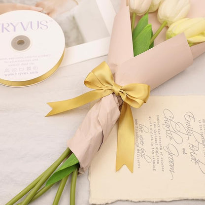 Light Gold Satin Ribbon, Double Faced 7/8 Inch X 25 Yards Light Gold Ribbon, Premium Satin Ribbon for Gift Wrapping, Crafts, Hair Bow Making, Sewing, Flower Bouquet, Wedding Party Decor