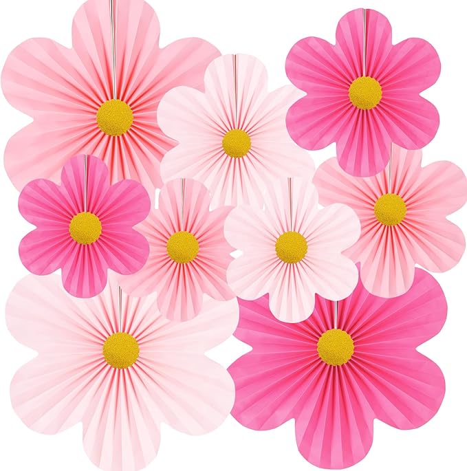 Pink Party Decorations Paper Flowers Decorations for Wall Classroom Paper Fans Floral Backdrop Flower Wall Decor Pack of 9 Pink