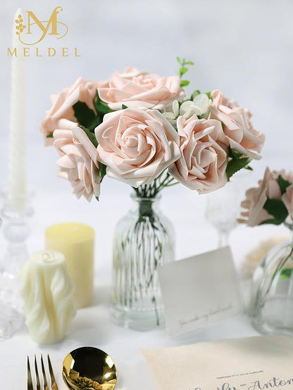 Meldel Artificial Flower 25pcs Real Looking Pink Fake Foam Roses with Stems for DIY Wedding Bouquets Gifts Bridal Shower Faux Floral Centerpieces Arrangements Home Party Tables Decorations