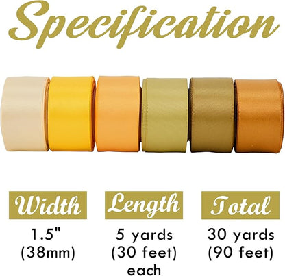 HUIHUANG Gold Ribbon for Gift Wrapping 1-1/2 inch Double-Faced Gold Satin Silk Ribbon Assortment for Flower Bouquet, Crafts, Bows Making, Christmas Holiday Decor- 6 Rolls x 5 Yards/Roll