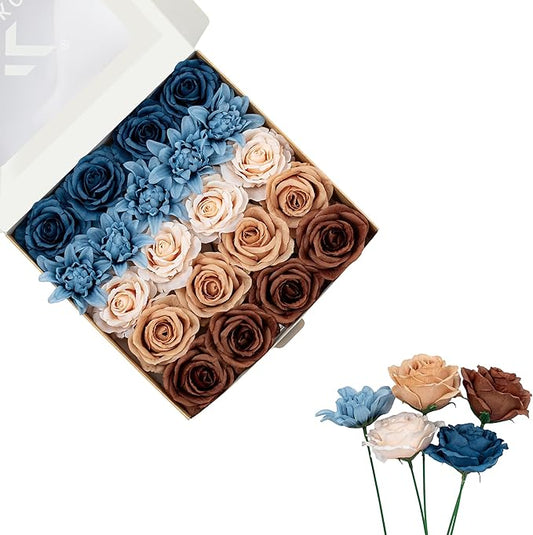 FANKO Artificial Flower Fake Rose Combo, 5 Mixed Silk Flowers Bouquet Dark & Light Brown Cream Roses, Blue Dahlia for DIY Wedding Bridal Bouquets/Centerpieces/Home Decorations