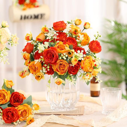 Floweroyal 4 Bunches Peony Artificial Flowers Orange Yellow Flowers Silk Peonies Bouquets for Wedding Party Table Centerpieces Floral Arrangement Home Kitchen Decor