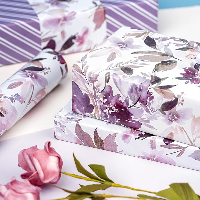 WRAPAHOLIC 30 Inch Jumbo Reversible Floral Wrapping Paper - 30 Inch x 100 Feet Purple Floral Design for Wedding, Birthday, Mothers Day, Baby Shower, Anniversary