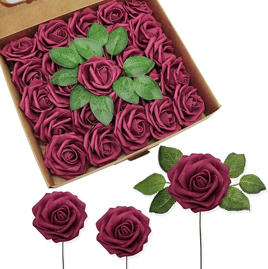 JOYLEX Artificial Flowers Realistic Roses, 50pcs Real Looking Fake Roses with Stem for DIY Wedding Bouquets Centerpieces Bridal Shower Party Home Romantic Decorations (Wine Red)