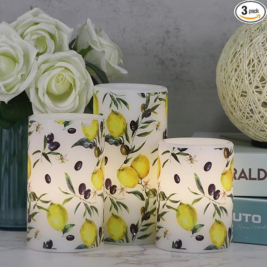 DRomance Flameless Pillar Wax Candles with 6 Hour Timer Battery Operated 3 Packs Lemon Decals LED Flickering Candles Yellow Light Holiday Wedding Spring Home Decoration Candle(3 x 4, 5, 6 Inches)