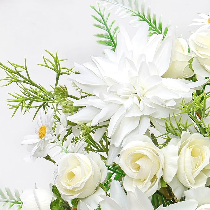 4PCS Artificial Flowers Dahlia Bouquet Fake Flowers White Silk Roses Daisies Faux Floral Arrangements for Dining Table Centerpieces for Kitchen Bridal Bouquet Wedding Party Home Decor
