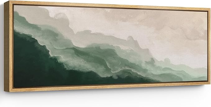 SIGNFORD Large Framed Canvas Print Wall Art Abstract Green Wave Nature-Inspired Illustrations Modern Art Relax/Calm Warm for Living Room, Bedroom, Office - 60"x20"