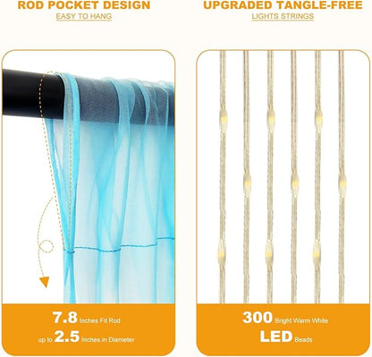 Tulle Curtain Backdrop with 300 LED Fairy Lights for Parites Wrinkle-Free Sheer Curtain Drapes Photo Back Drop for Wedding Baby Shower Bridal Shower Birthday Home Décor - 10ft×10ft, Baby Blue