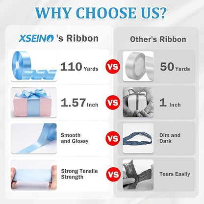 XSEINO 110 Yards Ribbon,1 1/2 Inch Sky Blue Satin Ribbon for Flower Bouquet, Gift Wrapping, Ribbons for Crafts, Hair Bows Making, Wedding Party Decoration, Sewing, Invitation Cards, Christmas