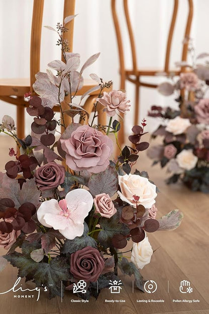 Ling's moment 17.5" Tall Free Standing Artificial Flowers Arrangements 2 pcs Wedding Aisle Runner Chair Decorations Dusty Rose & Mauve Centerpieces for Ceremony Reception Rose Floral Party Outdoor
