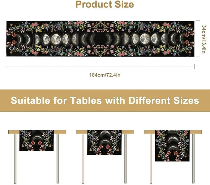Boho Floral Table Runner, Spring Gothic Moon Phase Wildflower Mystical Witchy Farmhouse Coffee Table Center Decor for Home Kitchen Dining Patio Holiday Party Table Decorations 13x90 inches