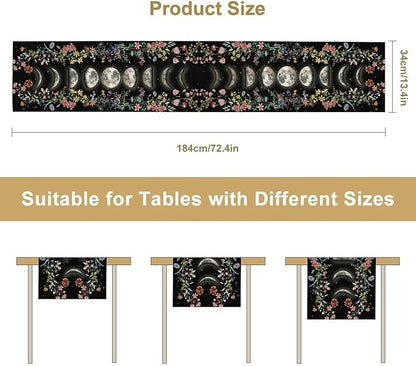 Boho Floral Table Runner, Spring Gothic Moon Phase Wildflower Mystical Witchy Farmhouse Coffee Table Center Decor for Home Kitchen Dining Patio Holiday Party Table Decorations 13x36 inches