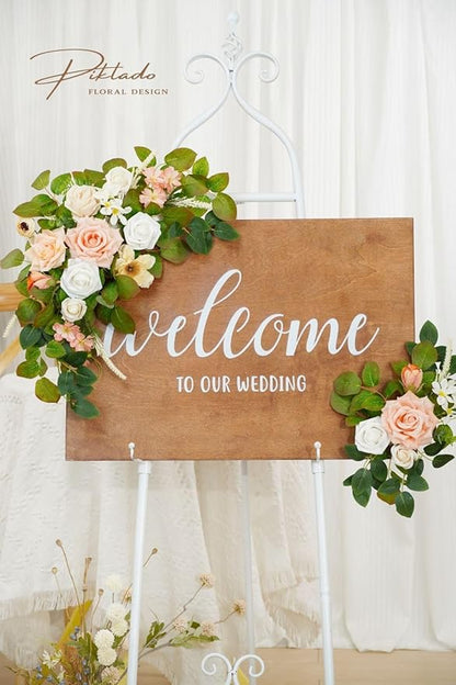 Wedding Decor (Pack of 2) Welcome Sign Flower Backdrop Garland for Ceremony Reception Wall Easel Home Decoration Entryway Faux Outdoor Board Head Table Decor (Flesh Pink & White)