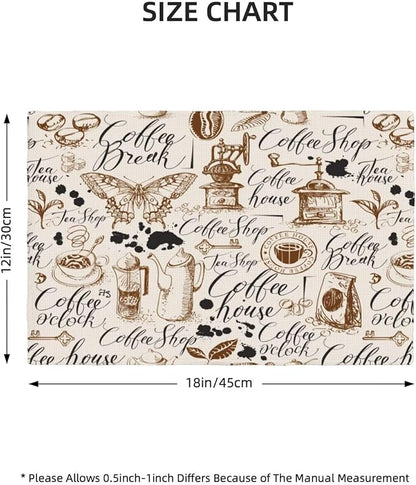 Coffee Theme Linen Placemats Set of 4 Vintage Coffee Cup Table Mats Heat Resistant Place Mats for Home Party Kitchen Dining Decoration 12x18 Inch