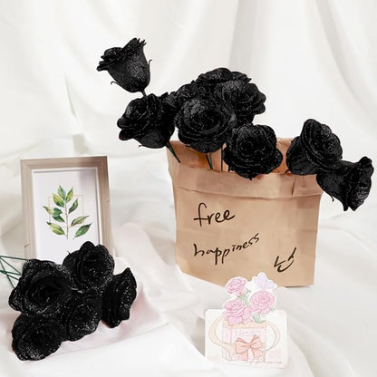 Glitter Roses Bouquet, Shiny Artificial Flowers with Stems DIY Fake Glitter Flowers Bouquet for Valentine's Day, Mother's Day, Anniversary, Graduation, Birthday, 24 Roses (Black)