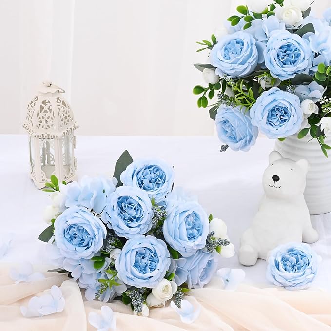 MARTINE MALL 4 Packs Peonies Artificial Flowers, Blue Artificial Peonies, Silk Peonies Flowers Fake Peonies Artificial Flowers Peonies Bouquet for Centerpiece Table Wedding Party Home Decor