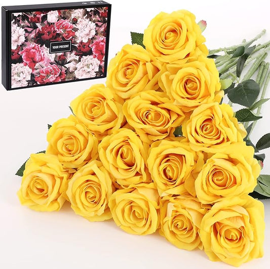 15Pcs Yellow Roses Artificial Flowers Fake Roses Long Stem Velet Rose Silk Flowers for Home Wedding Decoration (Round Rose,Yellow)