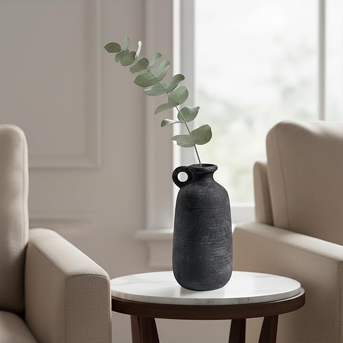 Sunddo Rustic Farmhouse Vase with Handle, 10 inch Black Ceramic Flower Vase, Terracotta Clay Stone Pottery, Black Kitchen Decor, Entryway Shelf Living Room Table Decor