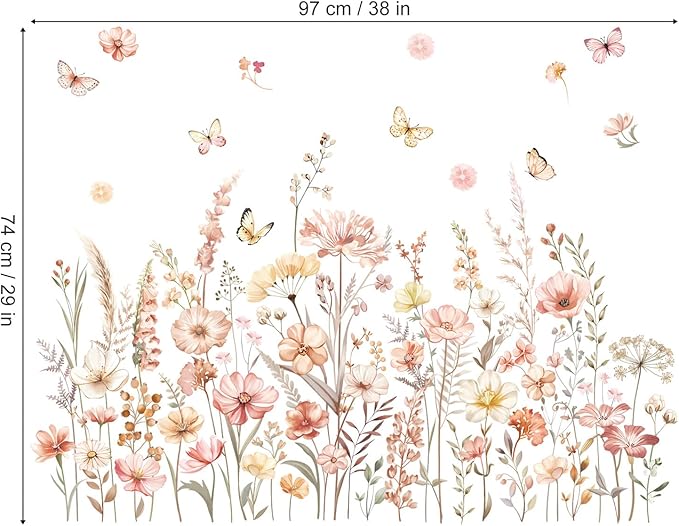 decalmile Watercolor Boho Flowers Wall Decals Wildflower Floral Grass Plants Butterfly Wall Stickers Bedroom Living Room Sofa TV Background Home Decor