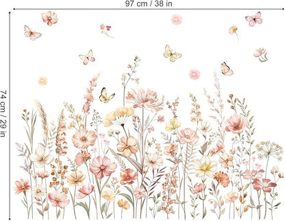 decalmile Watercolor Boho Flowers Wall Decals Wildflower Floral Grass Plants Butterfly Wall Stickers Bedroom Living Room Sofa TV Background Home Decor