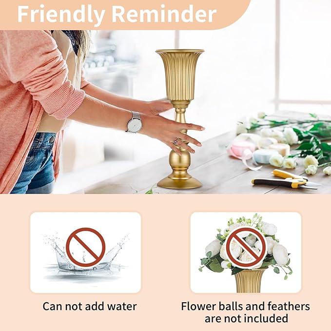 Nuptio Pcs of 10 Metal Trumpet Vase Elegant Wedding Centerpieces Vase for Party Decoration, 31.9cm/12.56" Tall Artificial Flower Arrangements for Anniversary Ceremony