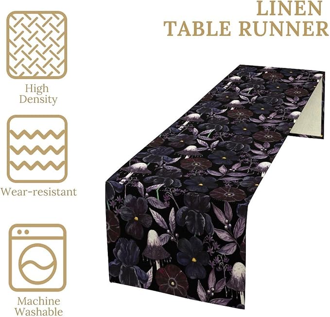 Gothic Floral Table Runner, Watercolor Black Purple Flowers Victorian Luxury Vintage Leaves Plant Table Runner for Home Kitchen Dining Decor Indoor Outdoor Party, 13x36inch