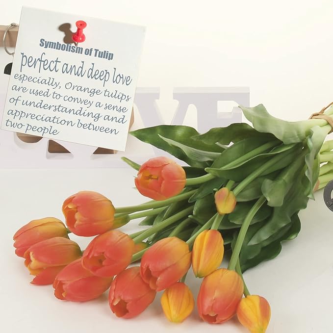 20pcs Artificial Tulip Flowers,16 Inch Real Touch Tulip Stems with Faux Leaves, Faux Tulips and Buds for Home Décor Centerpiece Ornament Wedding Bouquet,Orange