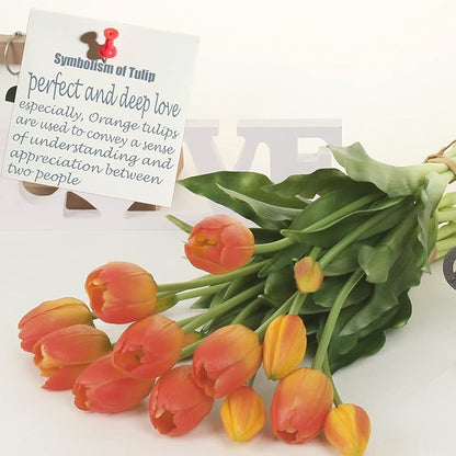 20pcs Artificial Tulip Flowers,16 Inch Real Touch Tulip Stems with Faux Leaves, Faux Tulips and Buds for Home Décor Centerpiece Ornament Wedding Bouquet,Orange
