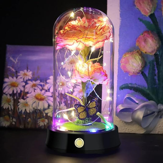 QUELIEN Christmas Carnation Flowers Gifts for Mom,Pink Artificial Carnation in Glass Dome with Led Light for Mother's Day,Birthday,Christmas