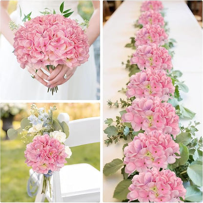 Hollyone 6 Pcs Pink Hydrangea Artificial Flowers Heads with Stems Silk Faux Hydrangea Pink Fake Flowers for Home Indoor Outdoor DIY Floral Wedding Flower Bouquets Kitchen Table Centerpiece Decor