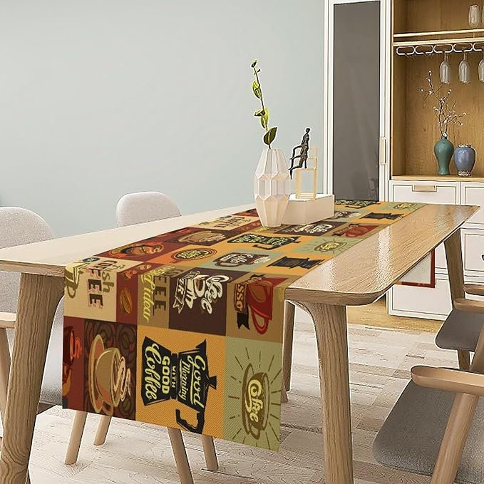 Coffee Table Runner,Vintage Style Coffee Beans Cups Theme Design Pattern Print Tablecloth Burlap for Hotel Indoors Outdoor Dining Room Kitchen Holiday Party, 13x80in
