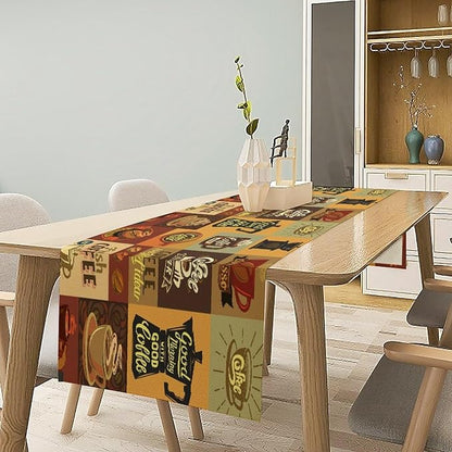 Coffee Table Runner,Vintage Style Coffee Beans Cups Theme Design Pattern Print Tablecloth Burlap for Hotel Indoors Outdoor Dining Room Kitchen Holiday Party, 13x36in
