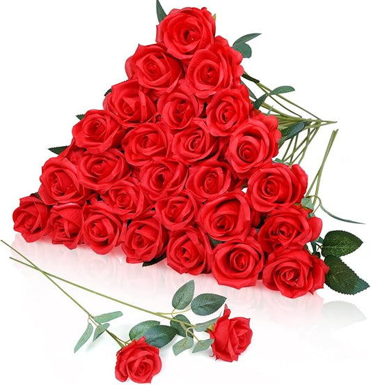 30pcs Fake Roses Artificial Silk Flowers Long Stems Bouquet for Wedding Bridal Shower Party Home Decoration (Red)