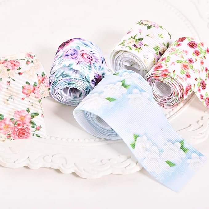 Floral Grosgrain Ribbon, 5 Rolls Flower Pattern Ribbon Spring Summer Fabric Decorative Craft Ribbon Roll for Gift Wrapping Decor Hair Bow Sewing Wreath Crafts (Mixed Color, 7/8Inch X 20Yards)