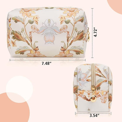 Floral Waterproof Makeup Bag, Leather Cosmetic Bag with Compartments, Zipper Make up Pouch Organizer, Portable Storage Travel Toiletry Bag Gifts for Women Girls(Black Flower)