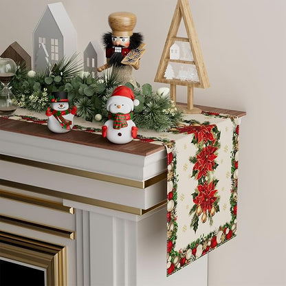XCHI Christmas Poinsettias Leaves Bells Snowflakes Winter Xmas Table Runner Table Decoration for Home Kitchen Dining Holiday Decor 13x60 Inch