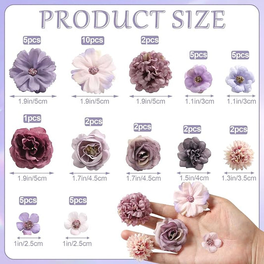 Faux Flower Heads Small Silk Artificial Flower DIY Fake Mini Flowers Rose Daisy Multicolor Flowers Craft Supplies for Wedding Party Wreath Graduation Season Party Home Decor (45, Purple)